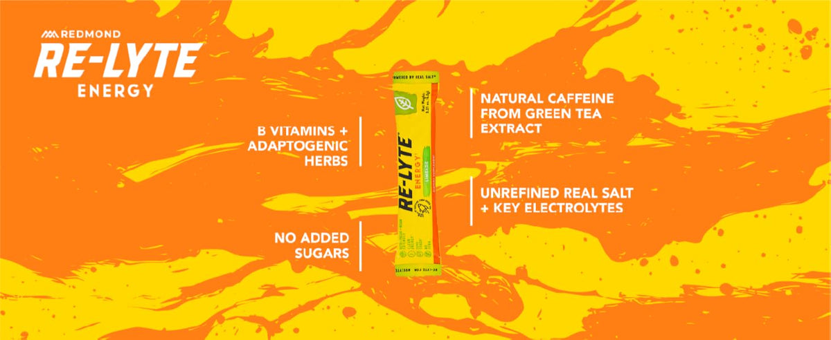 A graphic explaining the advantages of Redmond Re-Lyte Energy Electrolyte Powder Mix.